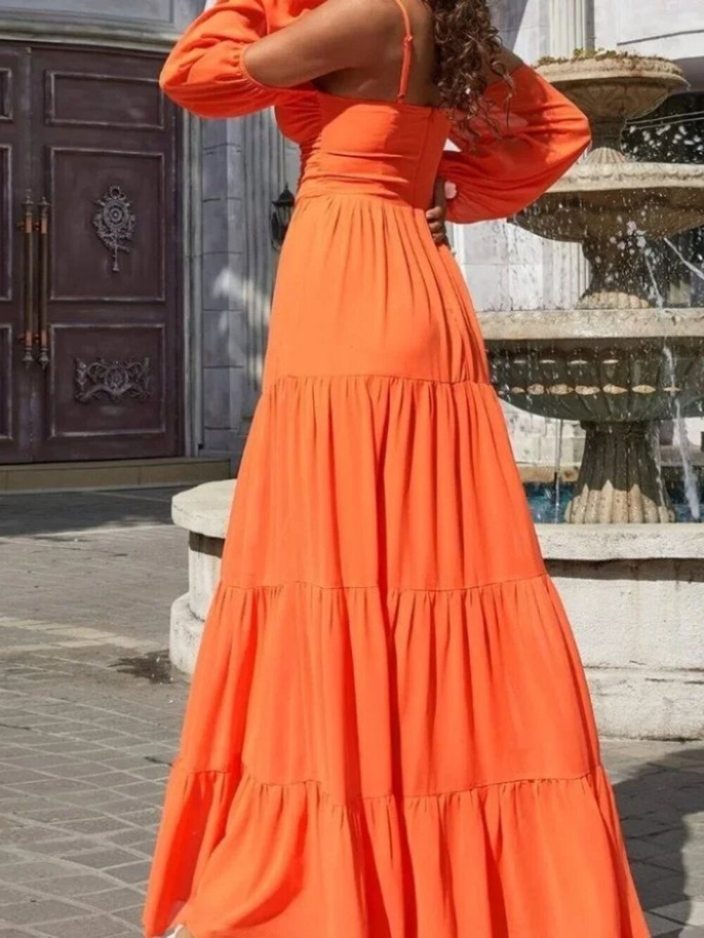 Orange Cutout Tiered Maxi Dress | Off Shoulder Long Sleeve | Flowy Boho Formal - Picture 5 of 6
